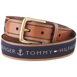 חגורה משולבת עור ובד Tommy hilfiger עור חום בד כחול סיטונאות