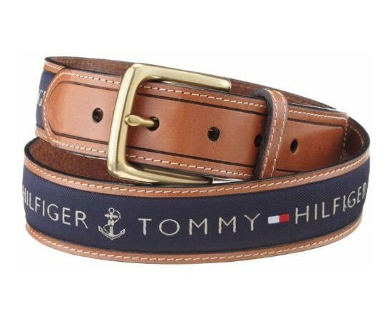 Leather and fabric combined belt Tommy hilfiger brown leather blue fabric, Color : blue, Measure: 34